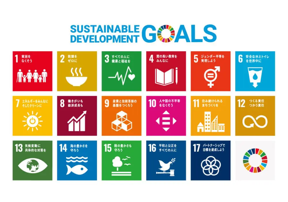 SDGs 17のゴール：1.貧困をなくそう、2.飢餓をゼロに、3.すべての人に健康と福祉を、4.質の高い教育をみんなに、5.ジェンダー平等を実現しよう、6.安全な水とトイレを世界中に、7.エネルギーをみんなにそしてクリーンに、8.働きがいも経済成長も、9.産業と技術革新の基盤をつくろう、10.人や国の不平等をなくそう、11.住み続けられるまちづくりを、12.つくる責任つかう責任、13.気候変動に具体的な対策を、14.海の豊かさを守ろう、15.陸の豊かさも守ろう、16.平和と公正をすべての人に、17.パートナーシップで目標を達成しよう