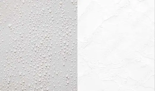 左側は水滴が付いた壁面、右側は水滴がない乾いた壁面の比較写真。防水や結露対策の効果を示している。