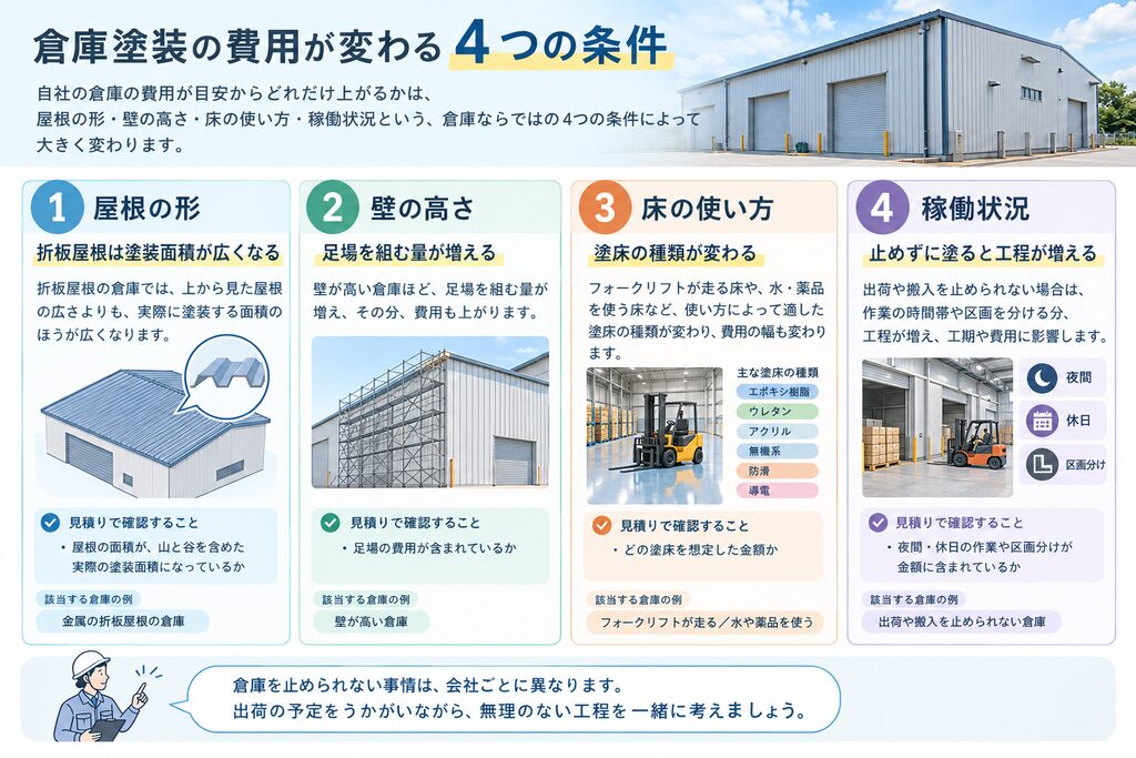 倉庫塗装の費用が変わる4つの条件として、屋根の形・壁の高さ・床の使い方・稼働状況を並べた図