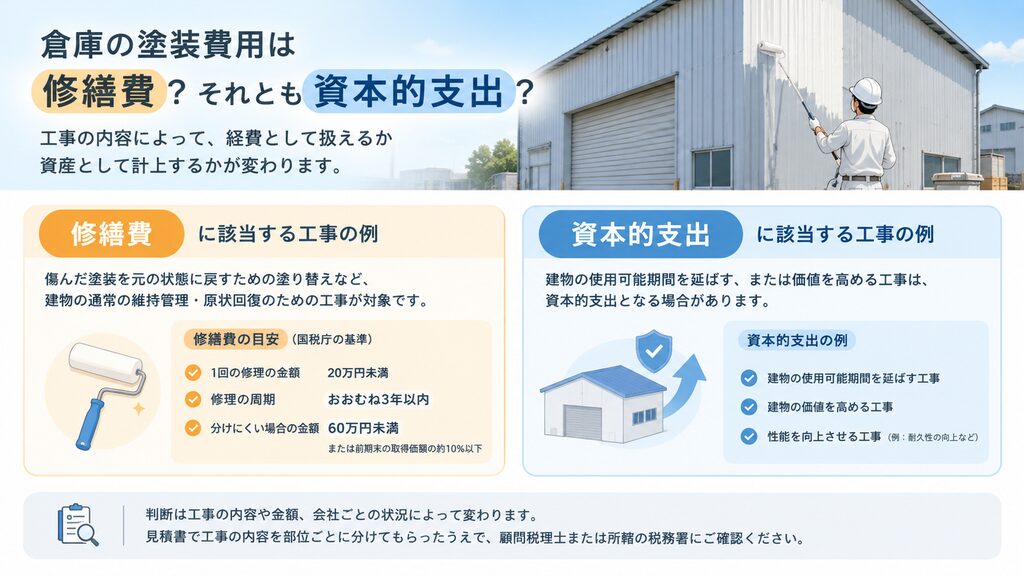 倉庫塗装の費用が修繕費になる工事と資本的支出になる工事の違いを、国税庁の区分をもとに比べた図