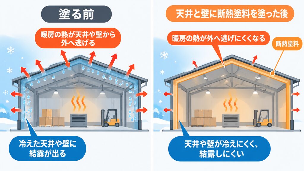 工場の室内に断熱塗料を塗る前と後で、暖房の熱の逃げ方と結露がどう変わるかを比べた図